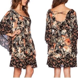 Free People Asymmetrical Floral Dress - Black and Orange